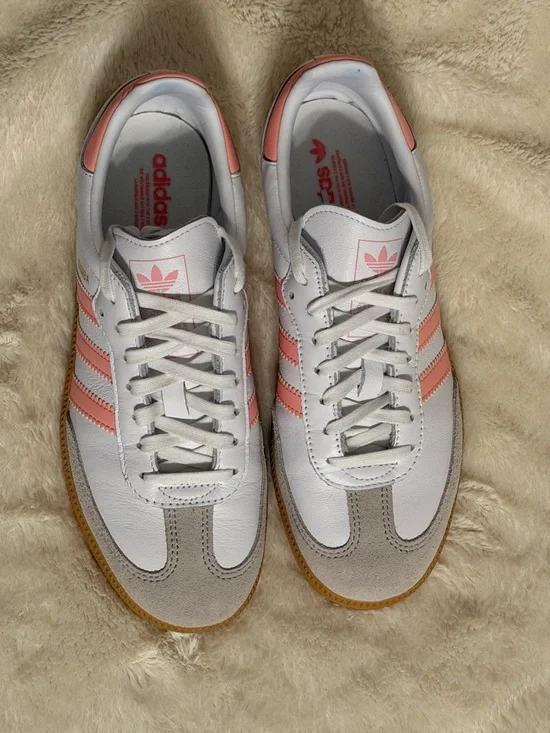 Like new, worn once - Adidas Samba White Sneakers with Pink Stripes - Picture 3 of 4